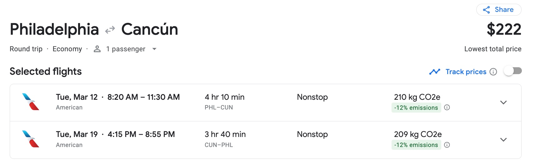 Google Flights Philadelphia (PHL) to Cancun (CUN) flight deal