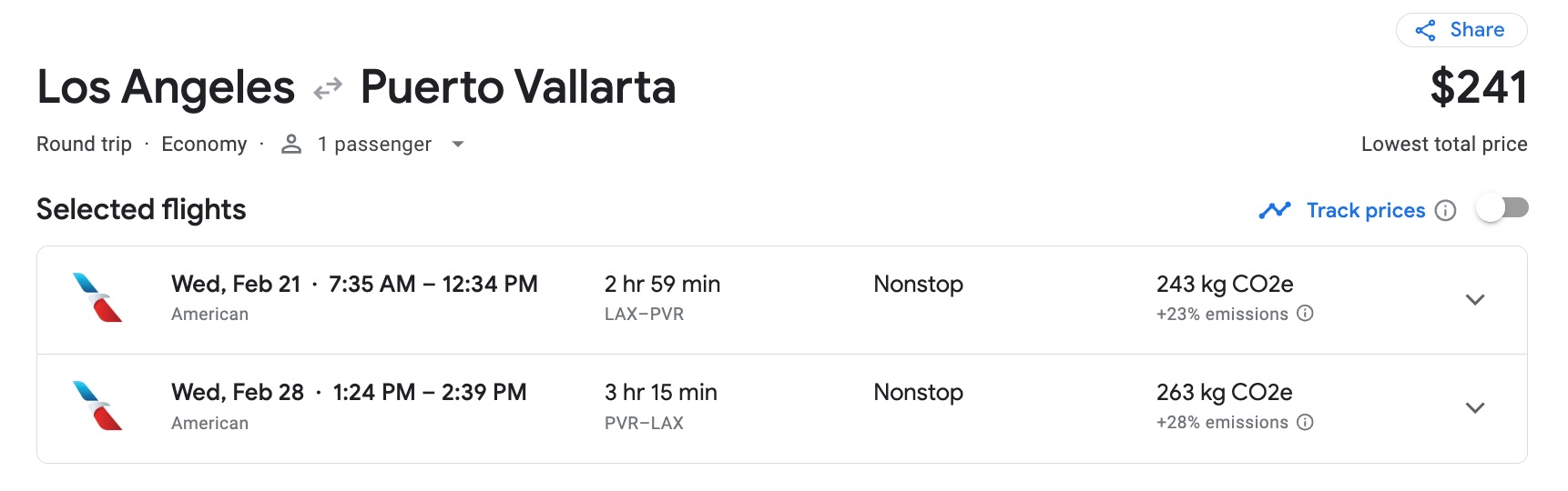 Google Flights search for Los Angeles (LAX) to Puerto Vallarta 
