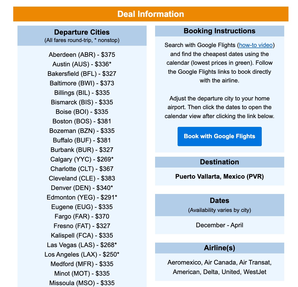 Departure cities for a Thrifty Traveler Premium deal to Puerto Vallarta