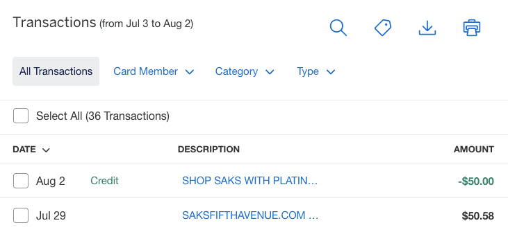Transactions in the Amex online account show a Saks Fifth Avenue purchase and a $50 credit from Amex. 