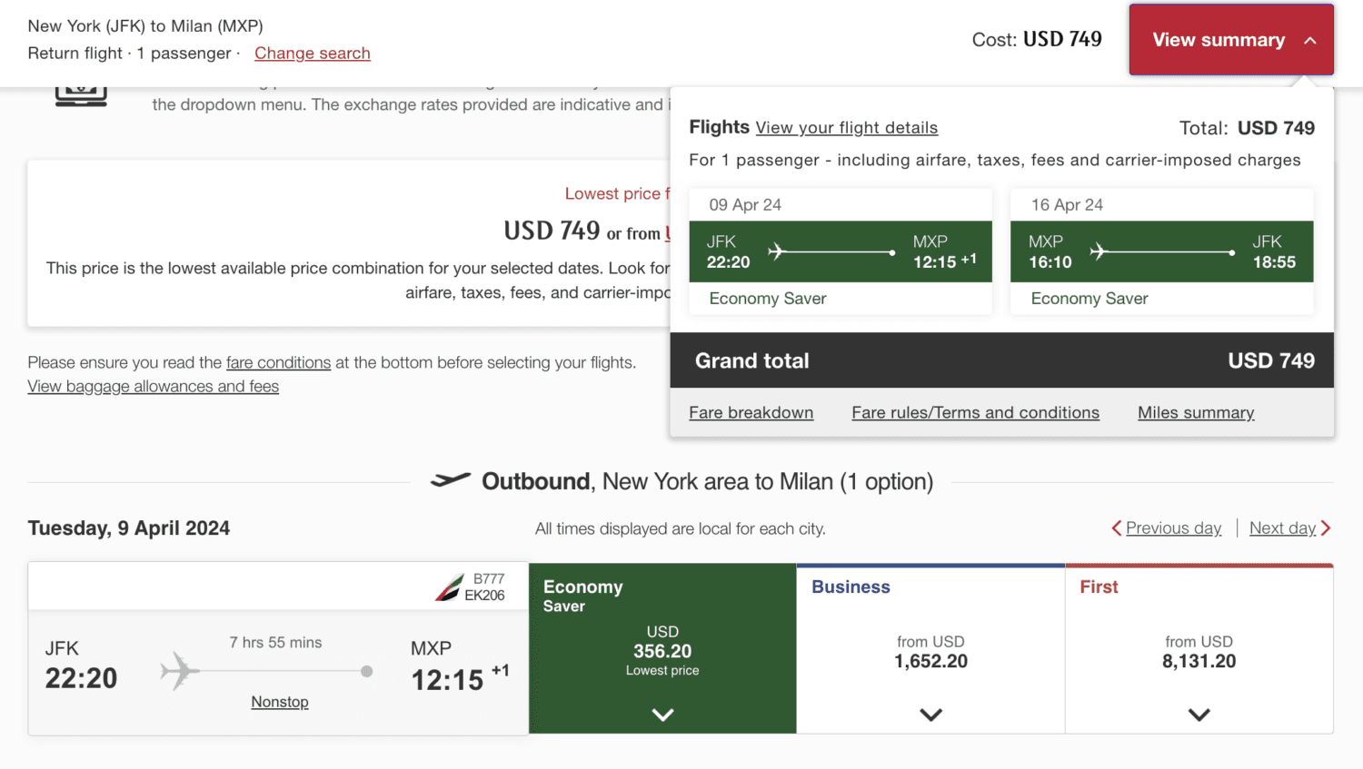 Emirates flights from New York to Milan
