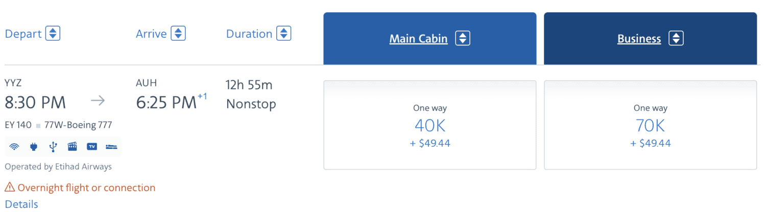 American Airlines award search for Etihad Airways flights