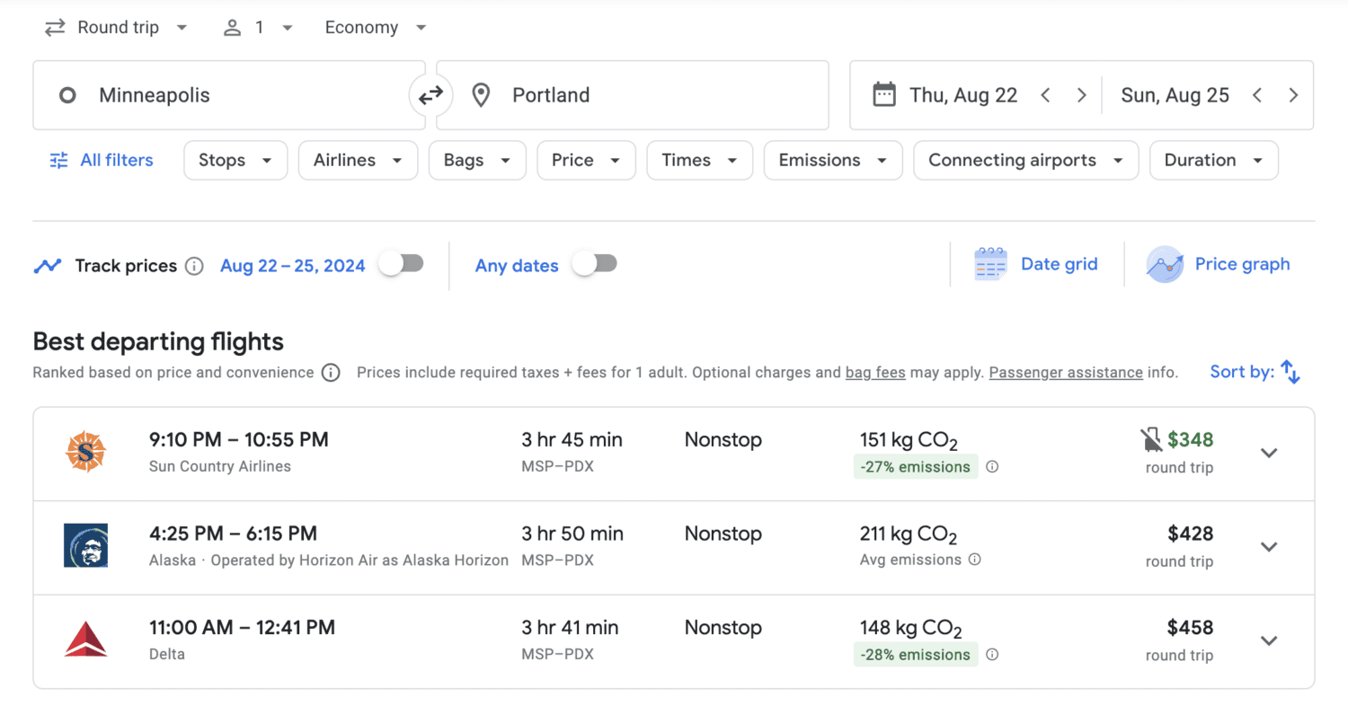 Google Flights search for flights from Minneapolis to Portland