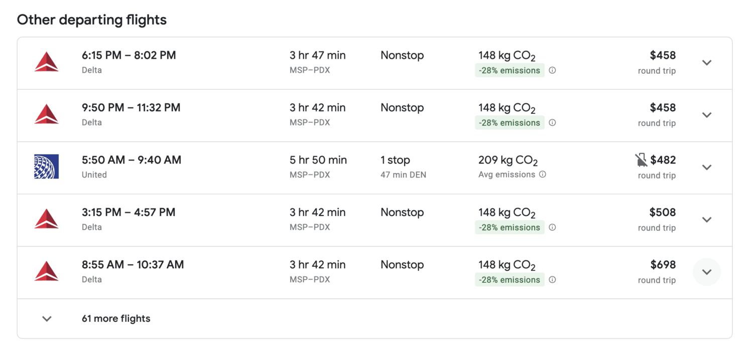 Google Flights search for flights from Minneapolis to Portland