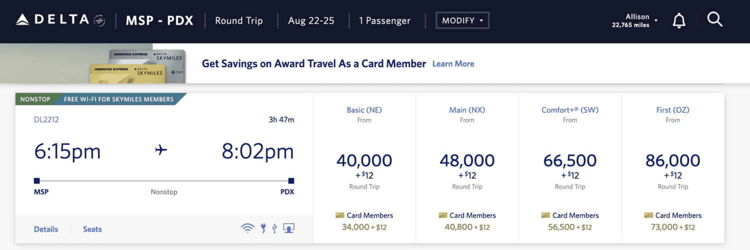 Delta SkyMiles search for Portland to Minneapolis flight