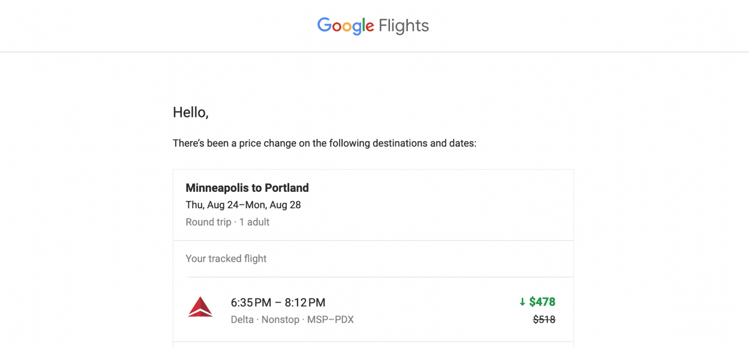 An alert email from Google Flights