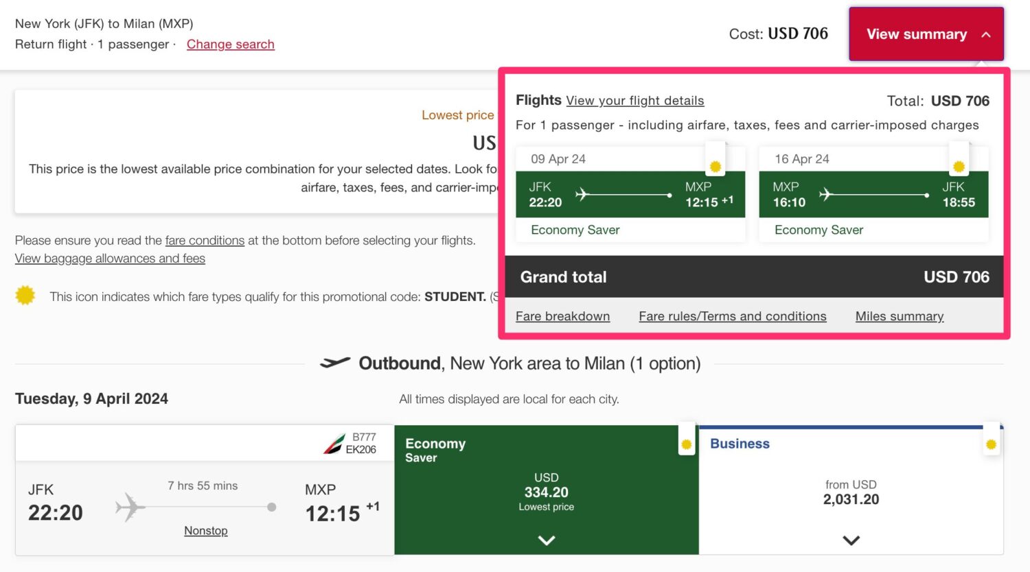 Emirates special student fares 