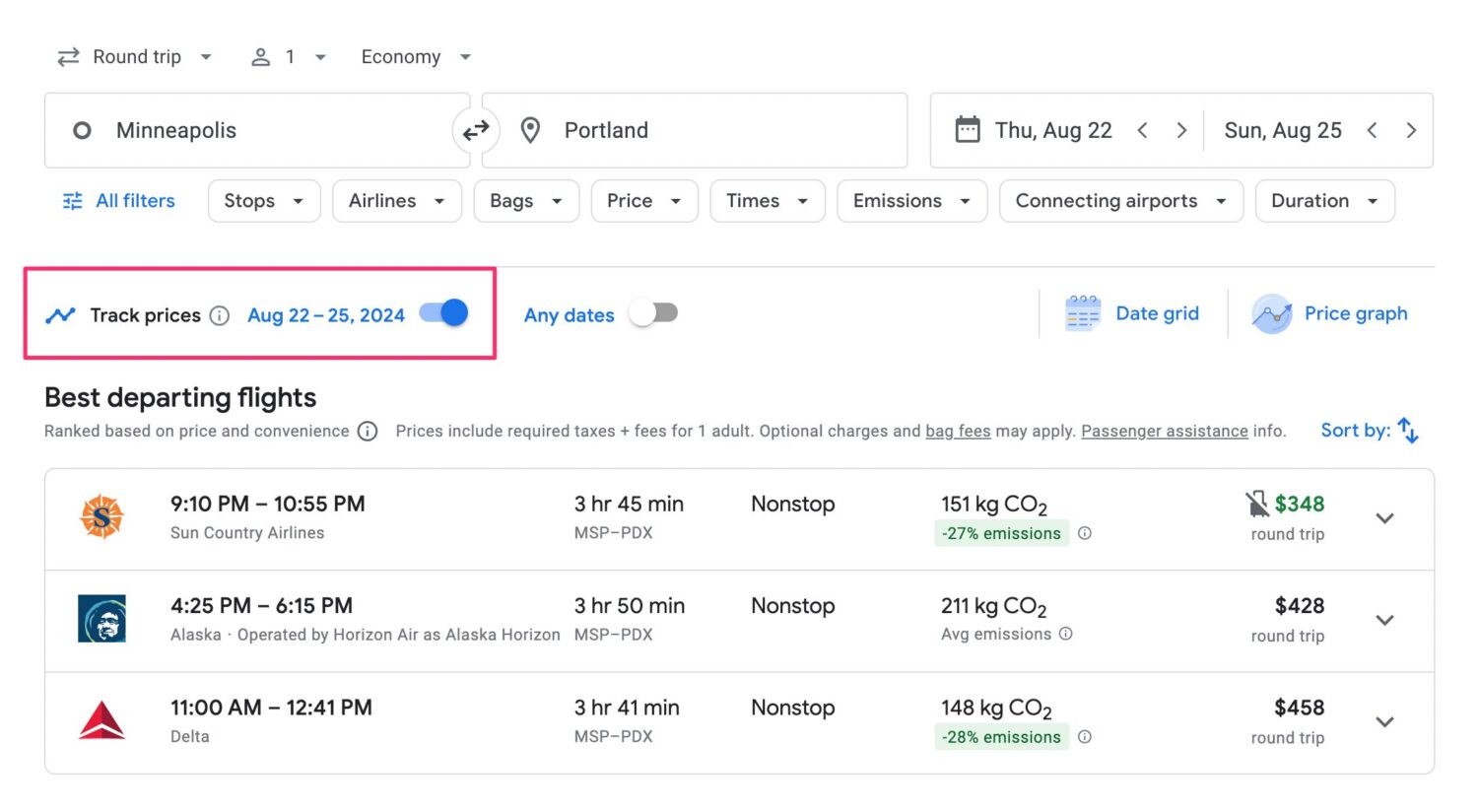 Setting a Google Flights price alert for MSP-PDX flights