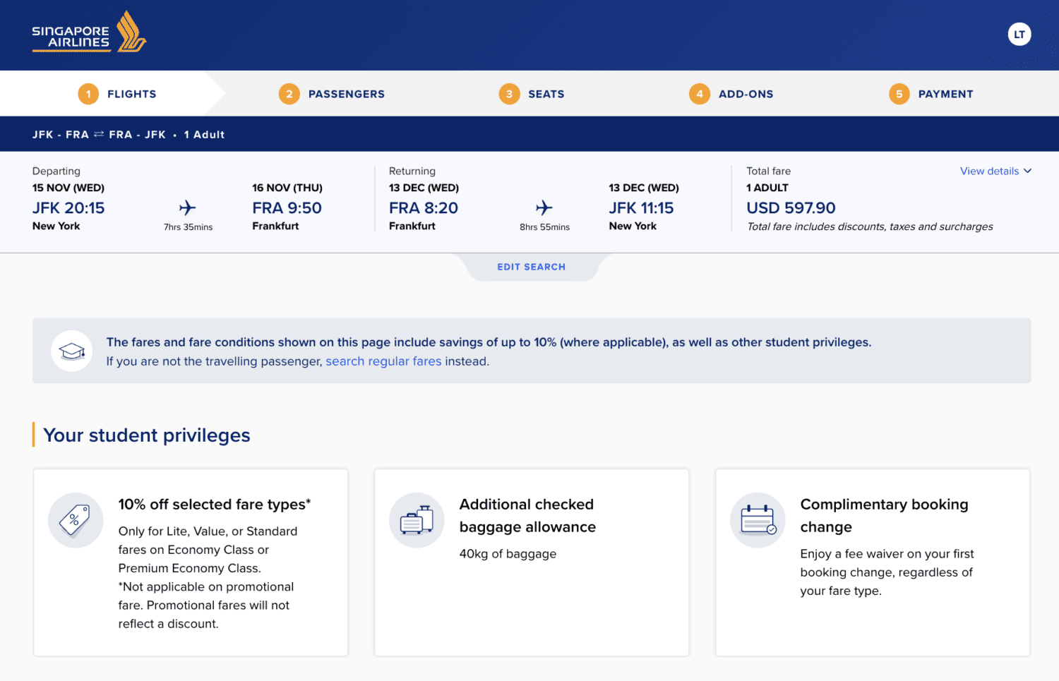 Singapore Airlines student discount