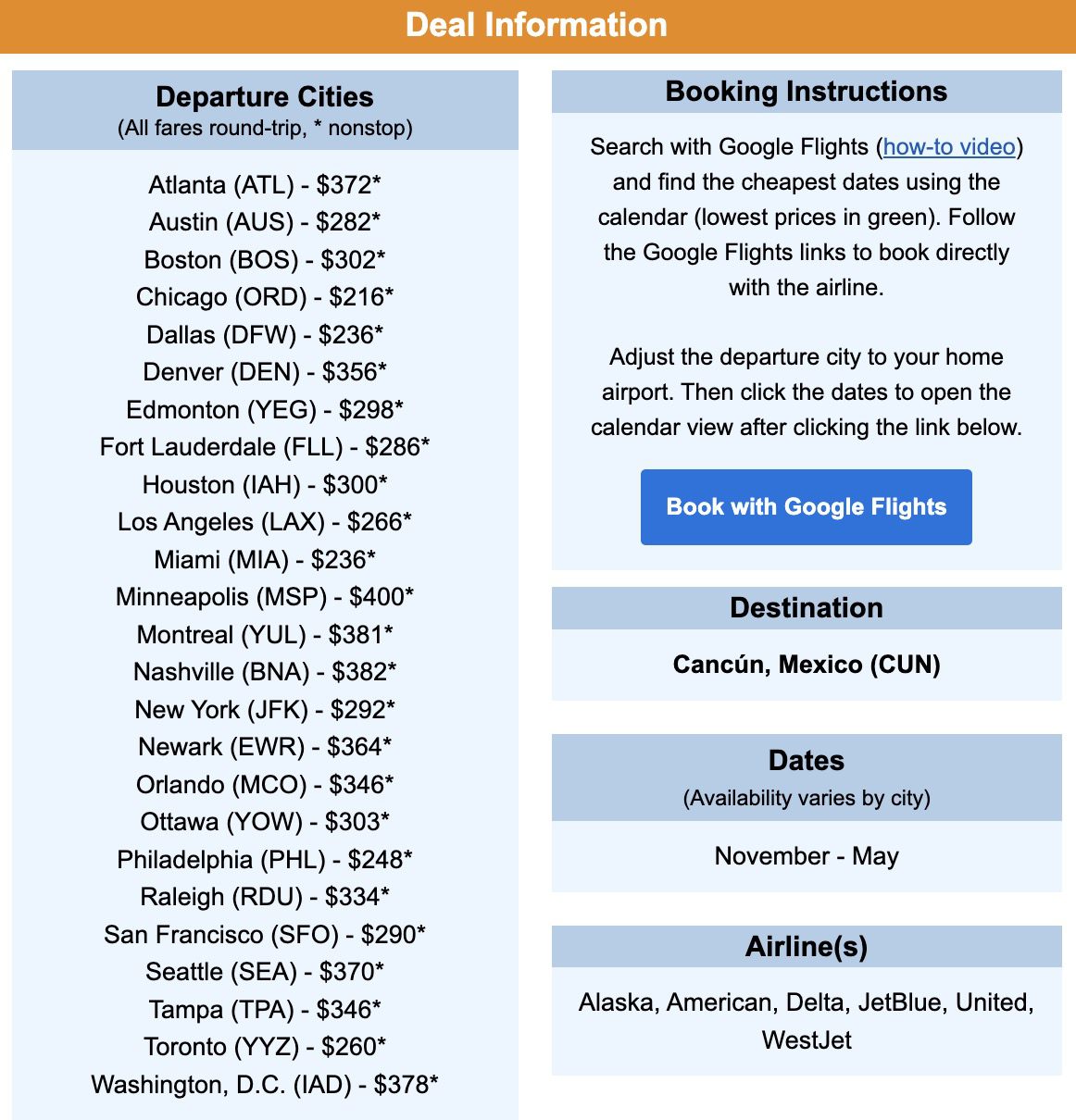 Cancun nonstop flight deal