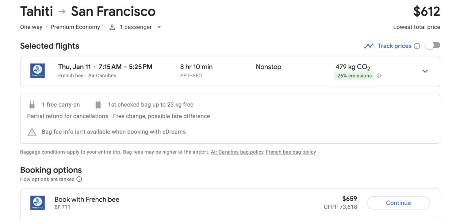 Tahiti SFO one-way fare