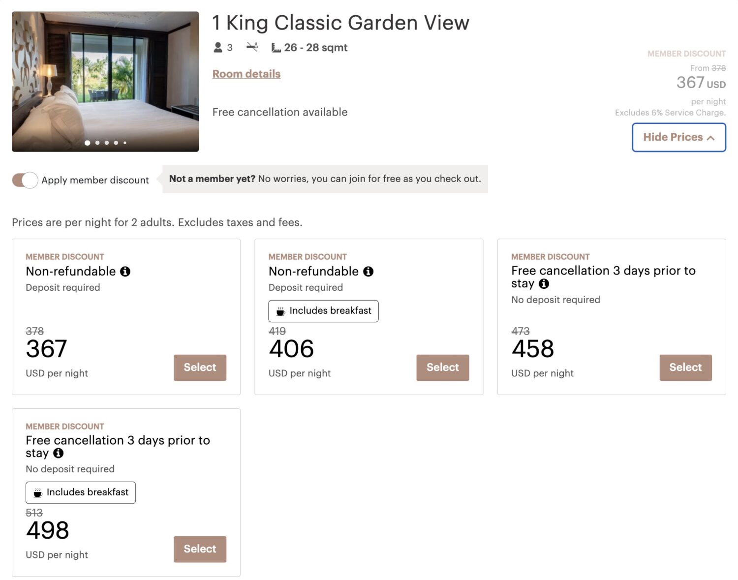 King Classic Garden View booking options