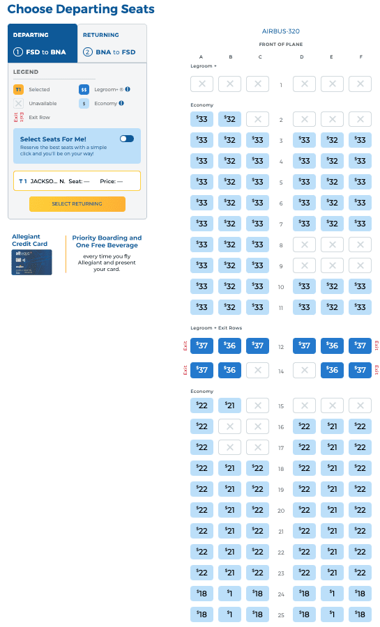 Allegiant seat selection map and prices