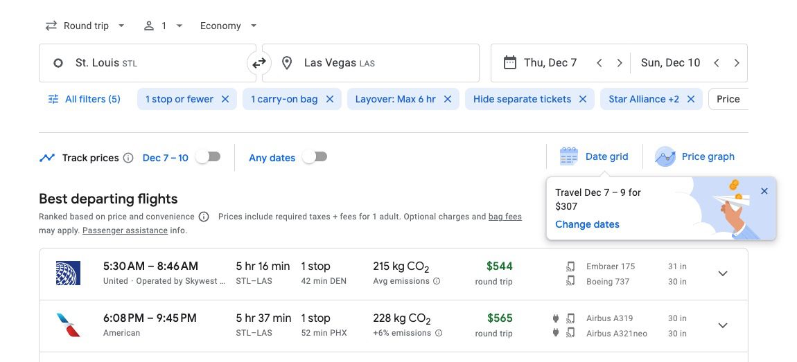 STL-LAS Google Flights search