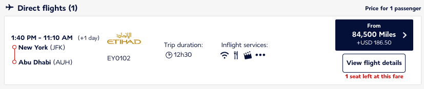 Flying Blue search for Etihad Airways award flight from New York (JFK) to Abu Dhabi (AUH)