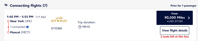 Flying Blue award search for New York (JFK) to Muscat, Oman (MCT) flights on Etihad Airways