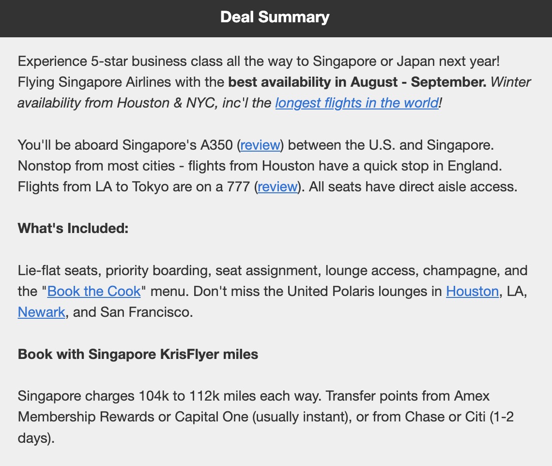 Singapore business class flight deal including sections on how to book with KrisFlyer and what's included in your fare. 