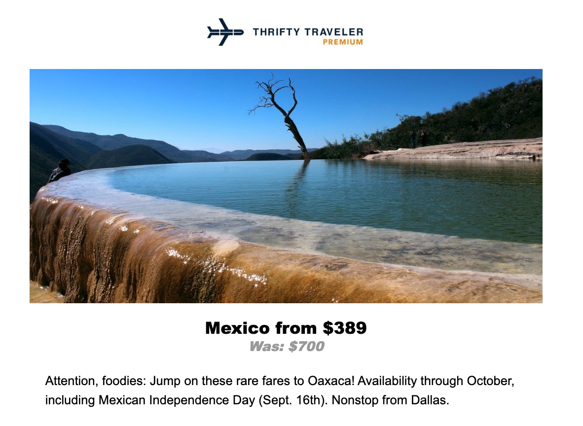 Departure cities for a Thrifty Traveler Premium deal to Oaxaca, Mexico