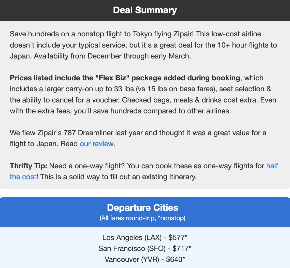 ZipAir flight deal to Tokyo featuring flights from Los Angeles, San Francisco, and Vancouver under $717 roundtrip. 