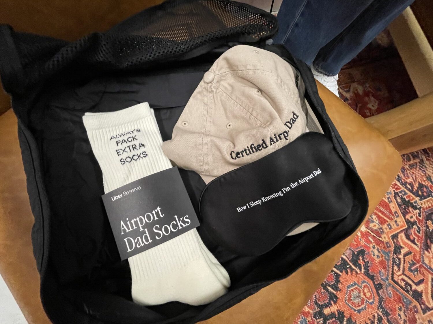 Uber Reserve Airport Dad Lounge goodie bag