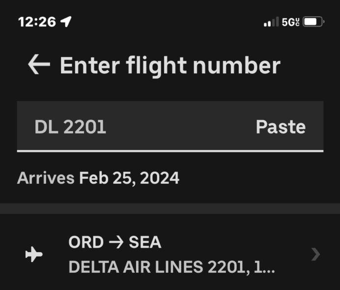 Uber Reserve input flight information screen