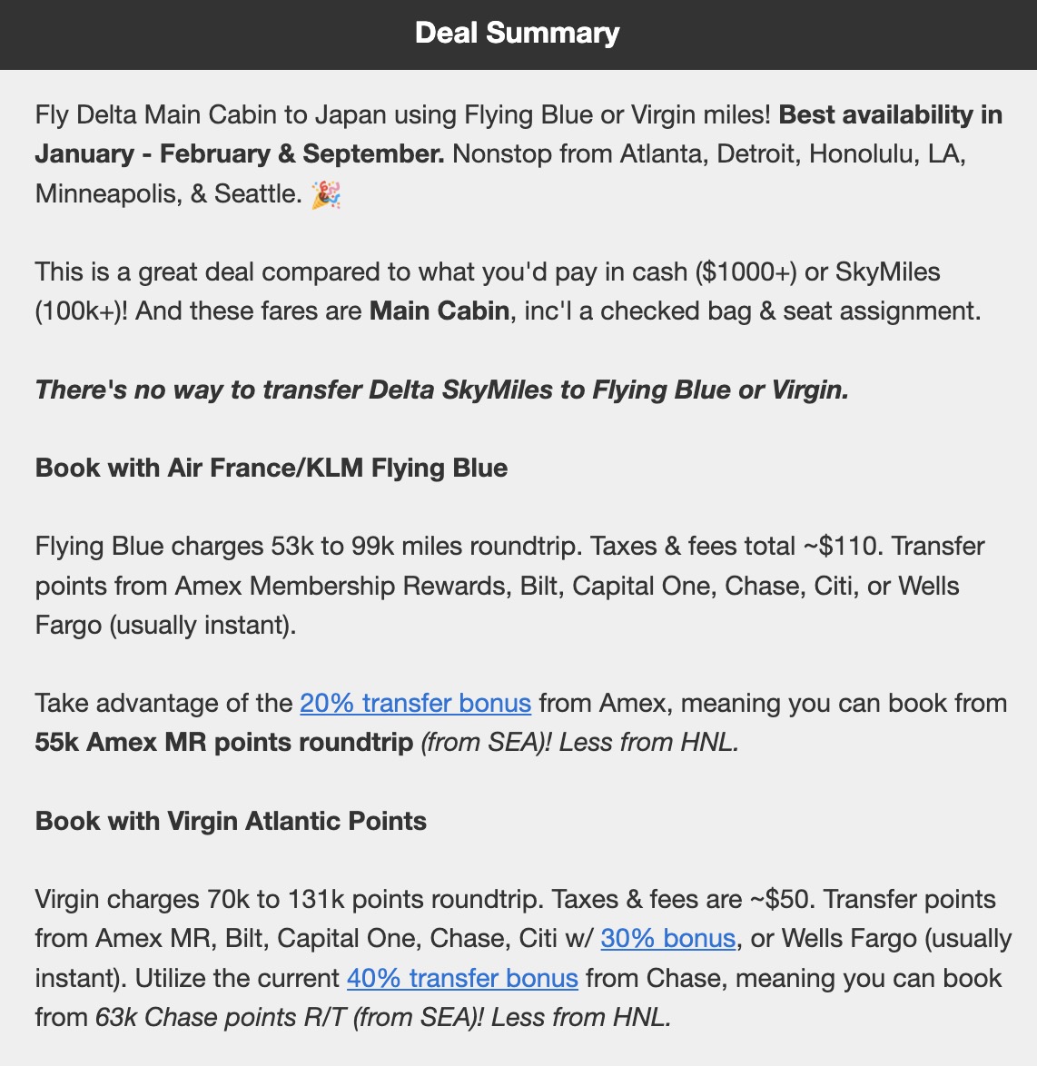 A flight deal booking instructions to book Delta flights to Japan using Virgin Atlantic miles. 