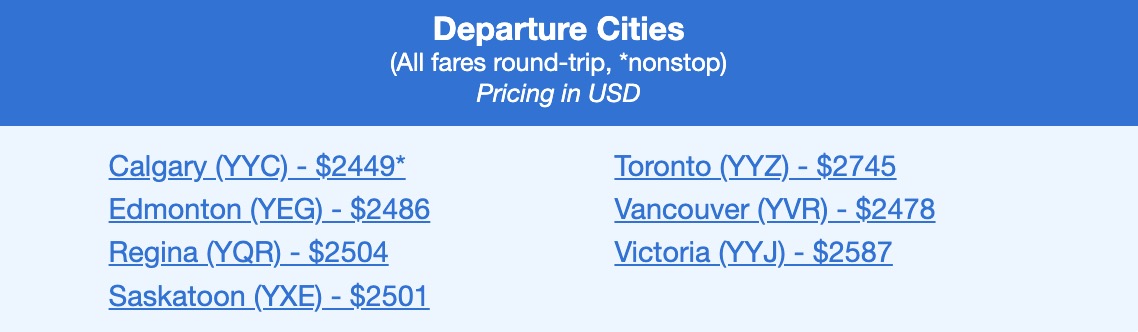 WestJet airfare to Tokyo from seven Canadian cities in the $2,000s roundtrip. 