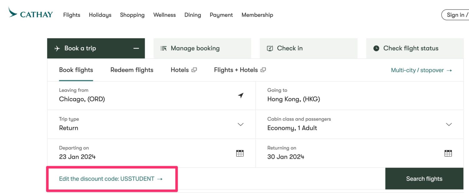 Cathay Pacific student discount code 
