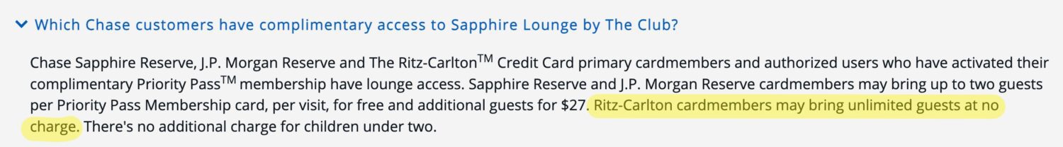 chase sapphire lounge policies highlighting that Ritz-Carlton cardmembers may bring unlimited guests at no charge. 