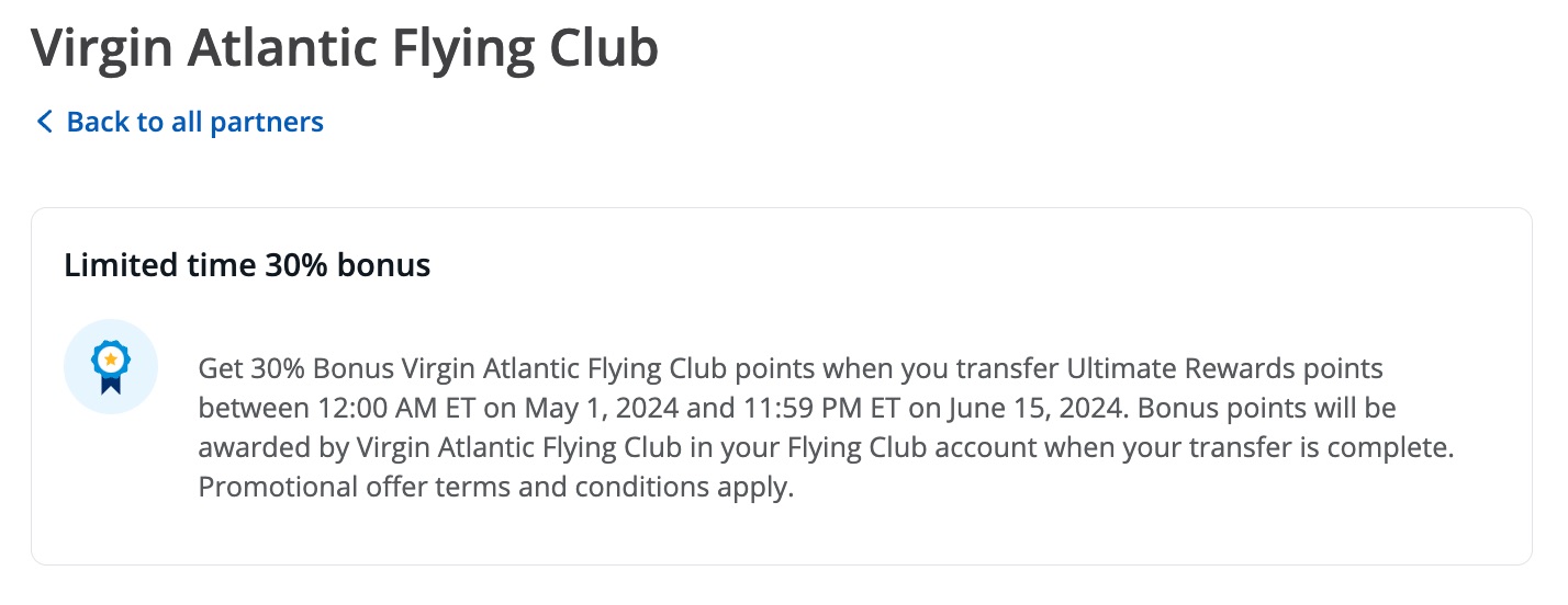 screenshot of a 30% transfer bonus from Chase to Virgin Atlantic