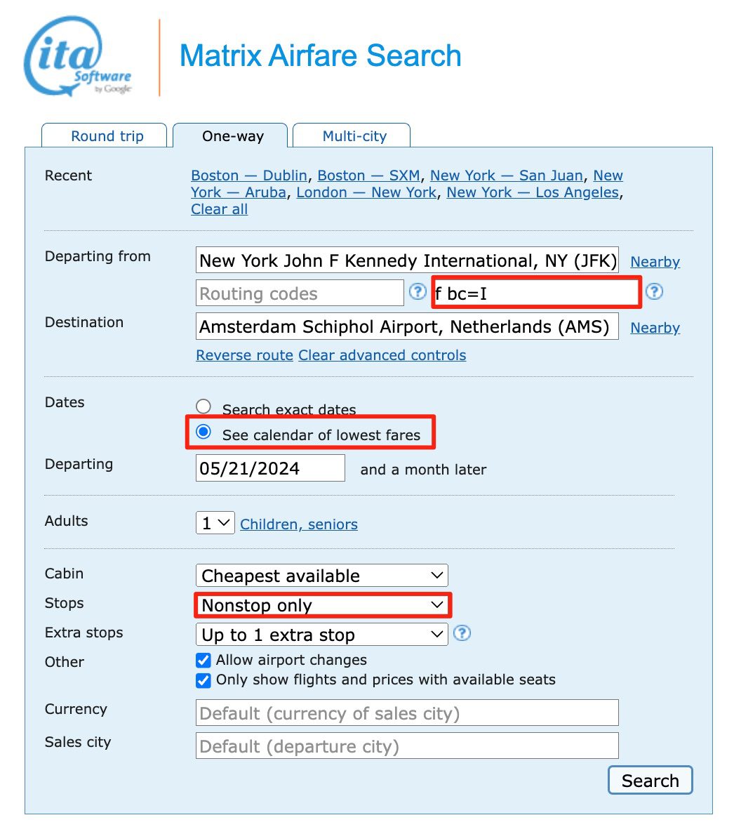 jetblue search in ITA Matrix
