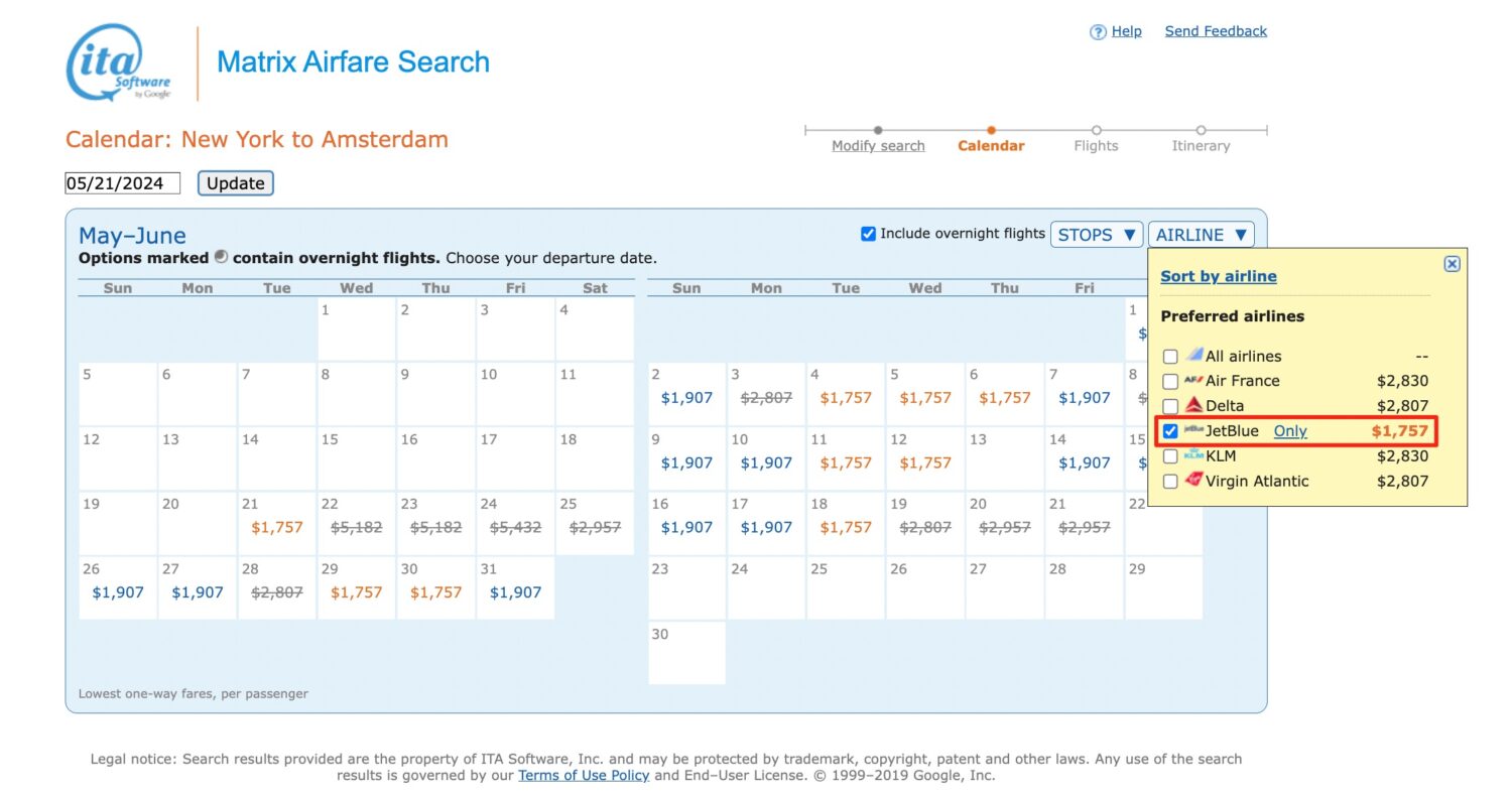 jetblue ita matrix search