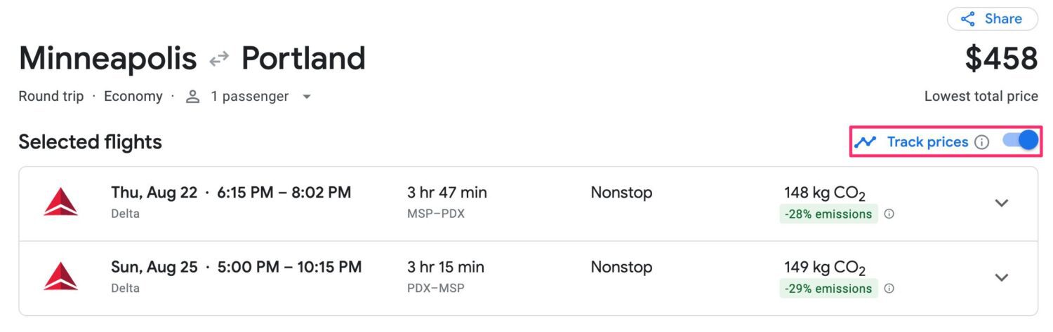 Setting a Google Flights price alert for MSP-PDX flights