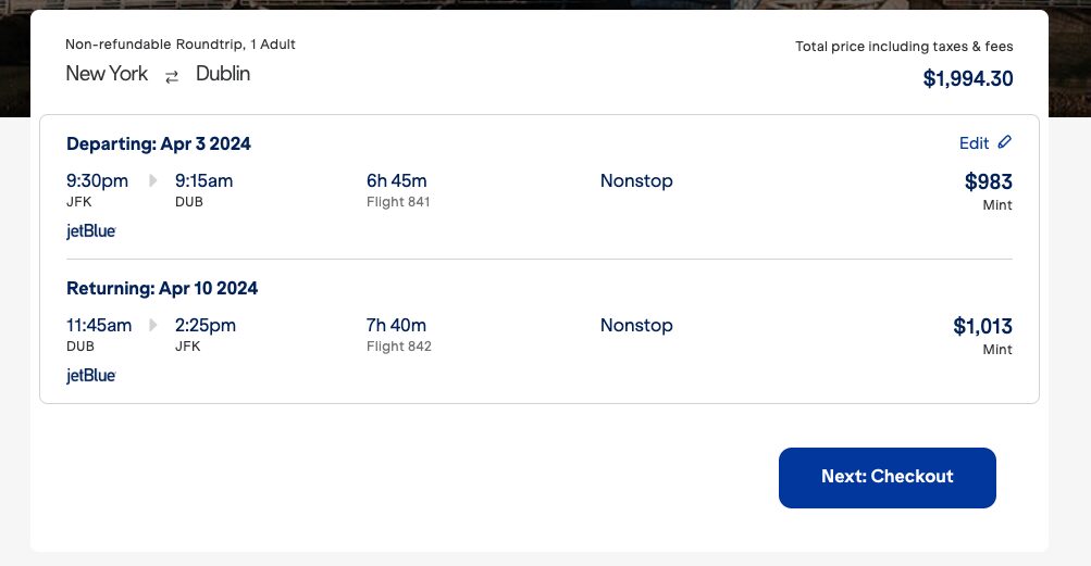 jetblue mint fare to dublin