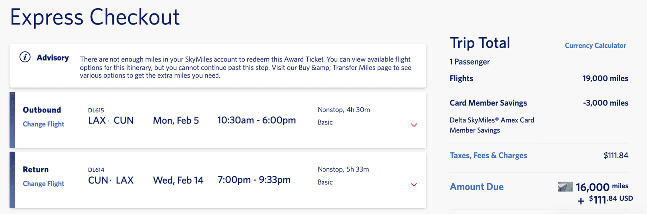 Delta SkyMiles Los Angeles (LAX) to Cancun (CUN) flight