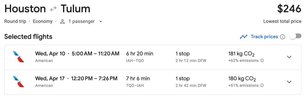 Google Flights Houston (HOU) to Tulum (TQO) flight
