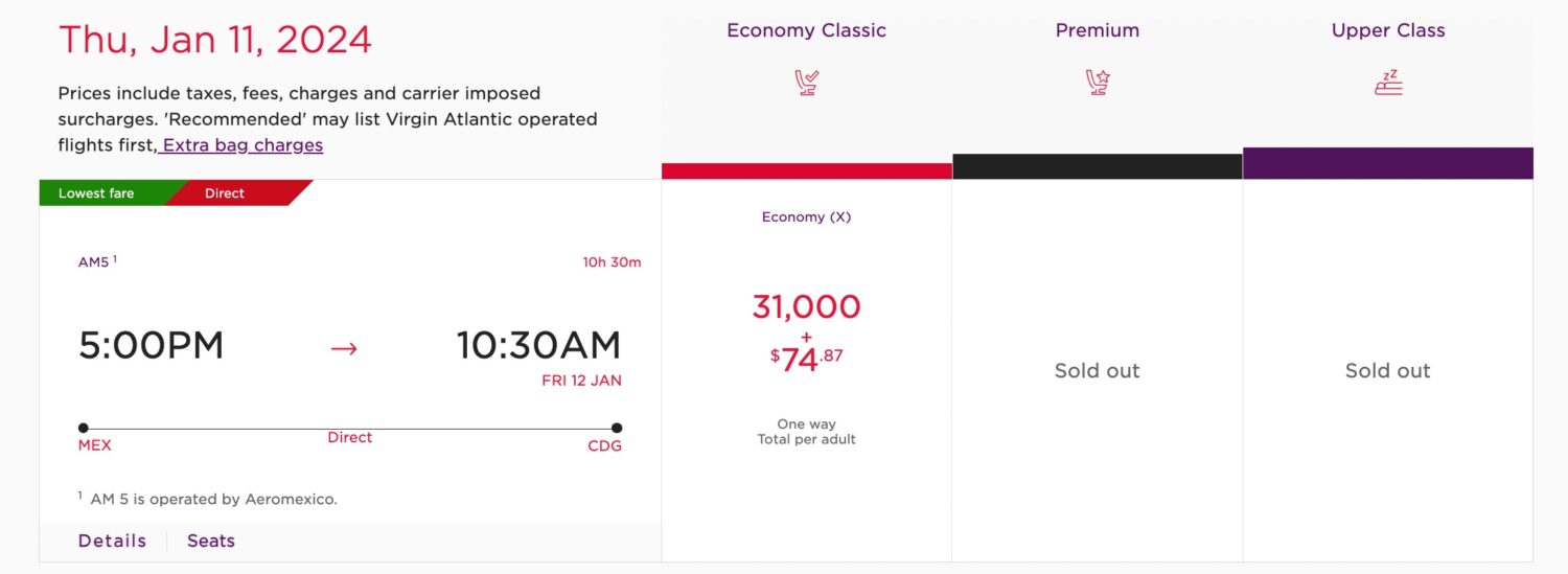 Aeromexico MEX-CDG flight booked with Virgin Atlantic points