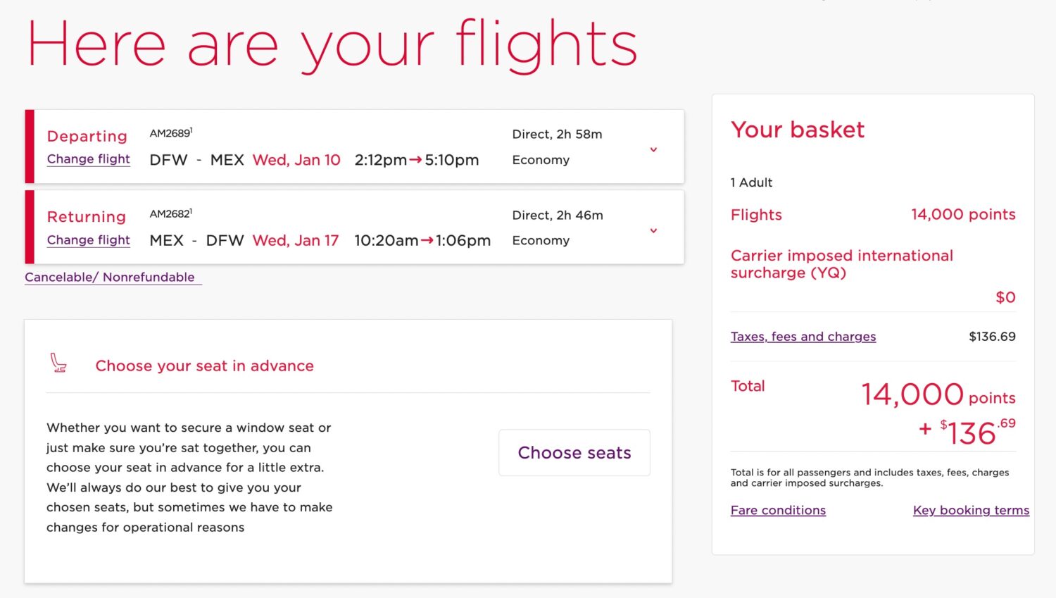 Aeromexico roundtrip flight from Dallas to Mexico City in January for 14,000 virgin points and $136.69