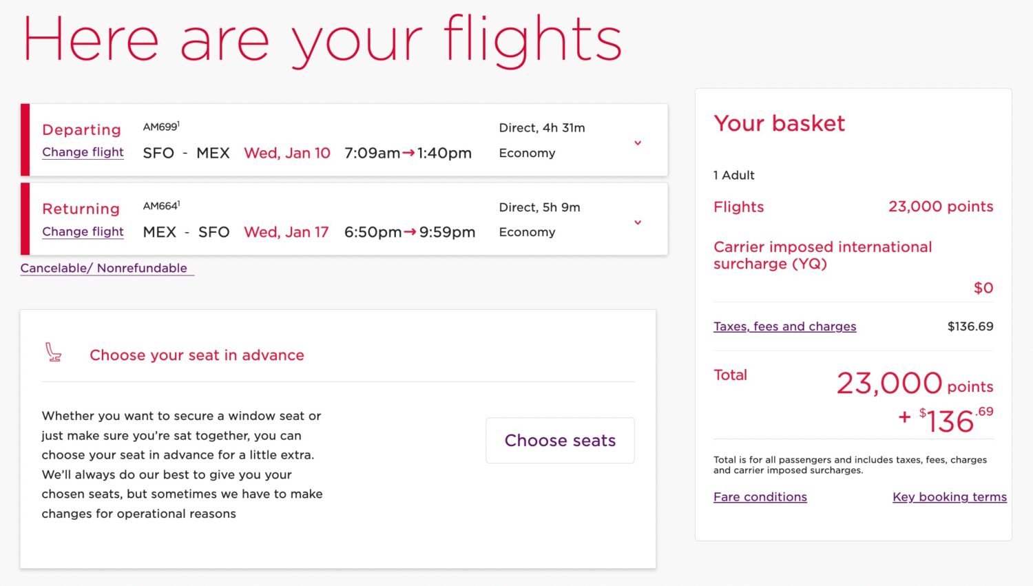 Aeromexico roundtrip flight form SFO to MEX booked with Virgin Atlantic points