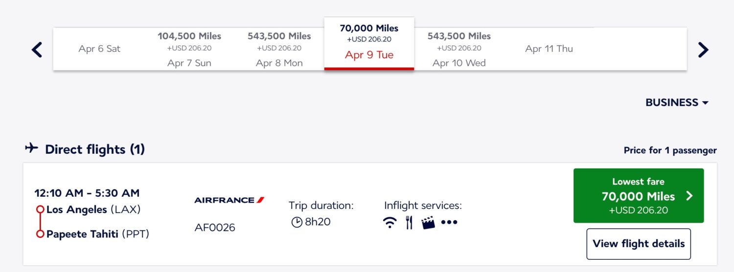 Air France Business award flight from Los Angeles (LAX) to Tahiti (PPT)