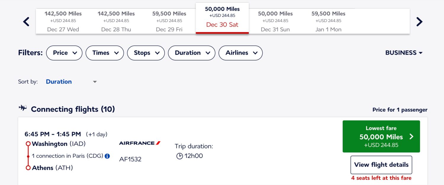 Air France award flight from Washington, D.C. (IAD) to Athens (ATH)
