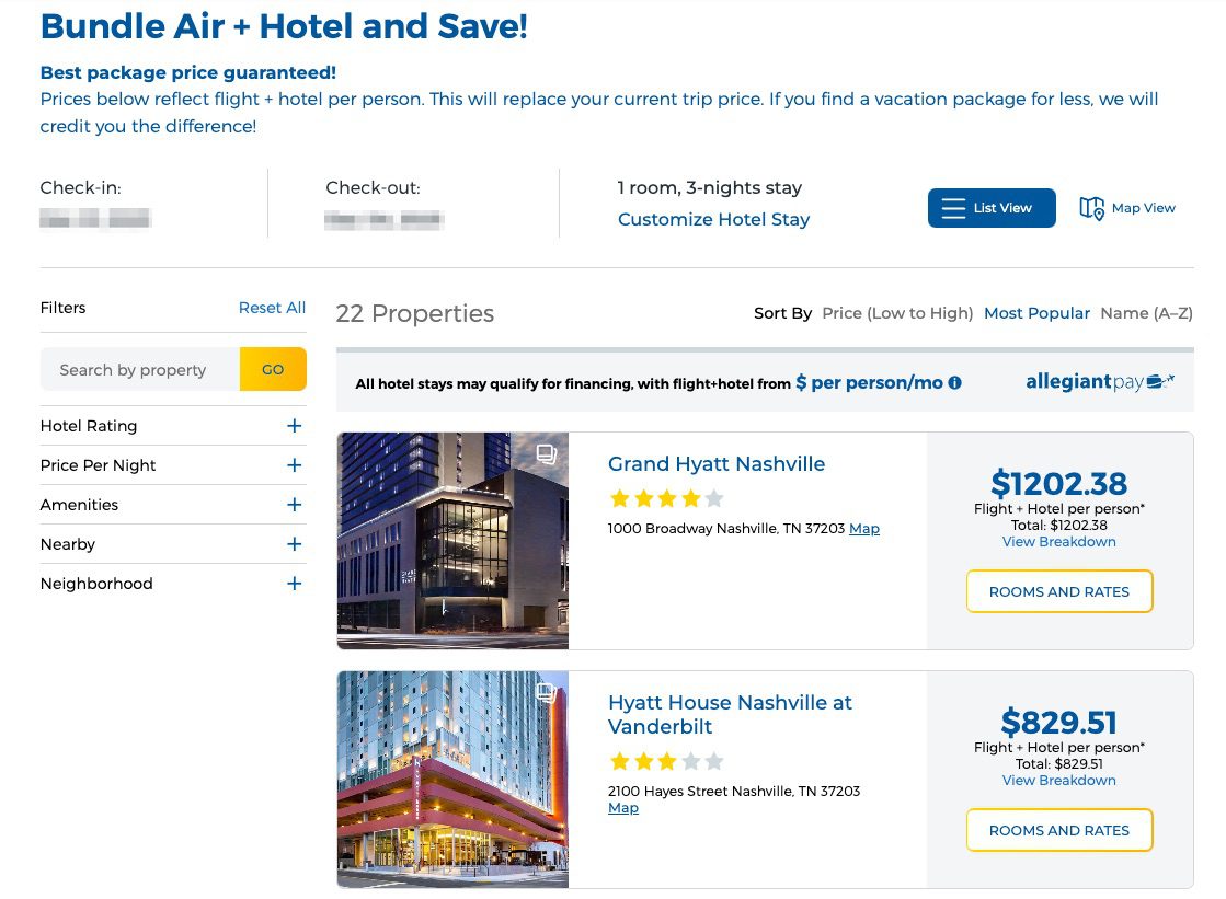 allegiant upsell hotel bundle