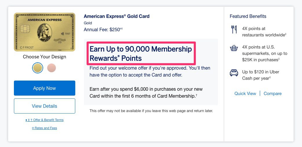 Amex Gold up to 90K offer
