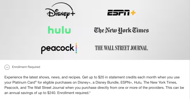 Amex Platinum Entertainment Credit Eligible Purchases enrollment screen