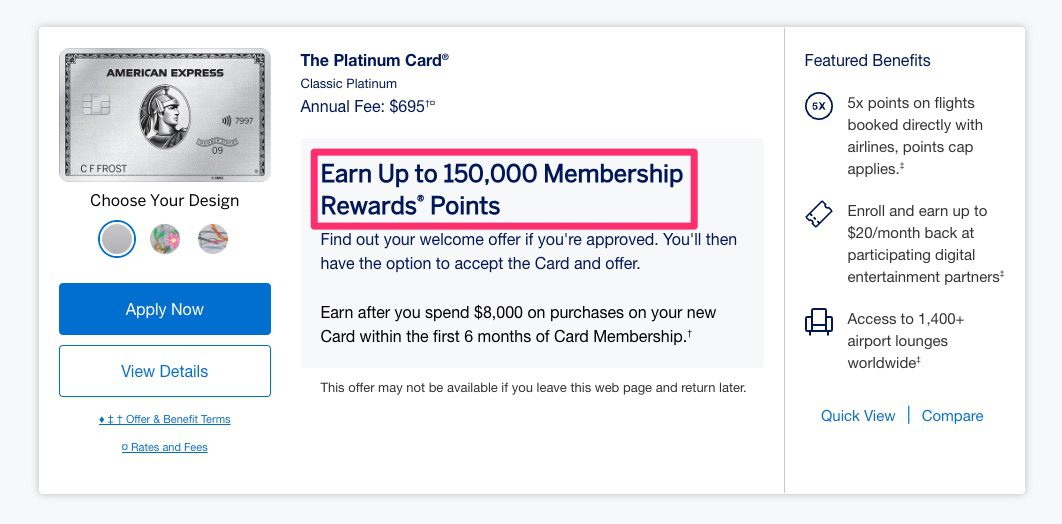 Amex Platinum up to 150K offer