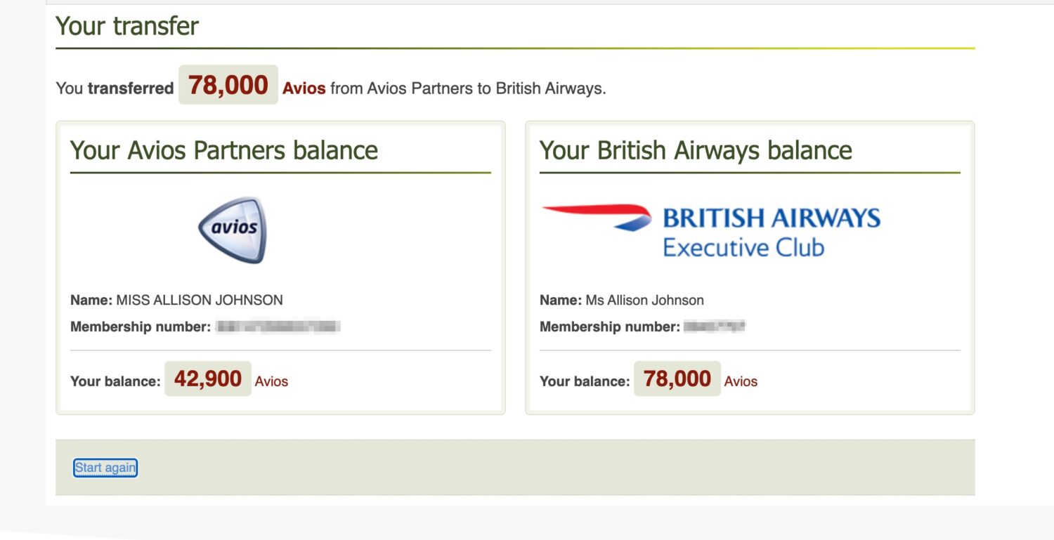 Avios transfer to British Airways