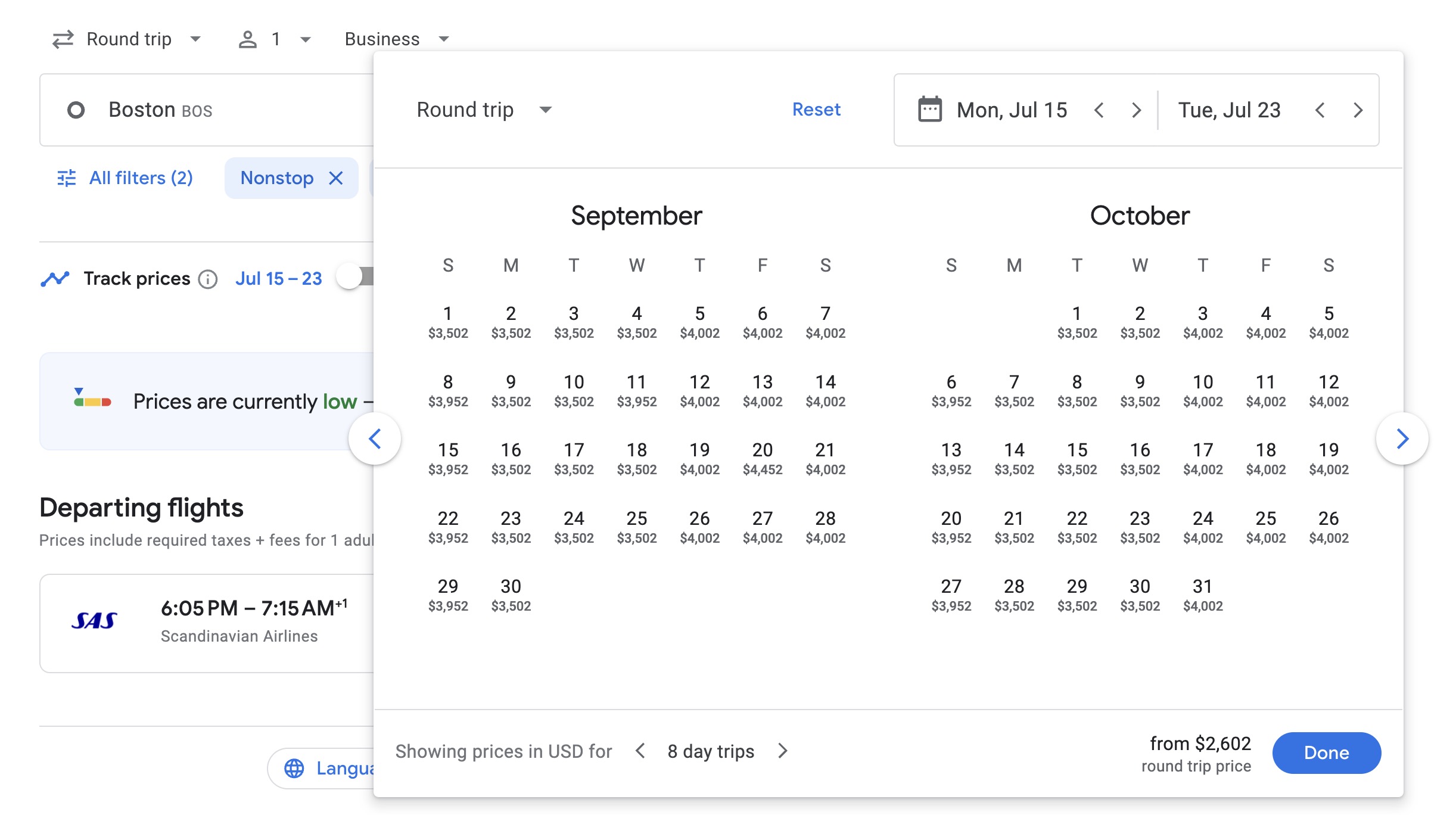 Boston to Copenhagen business class fall