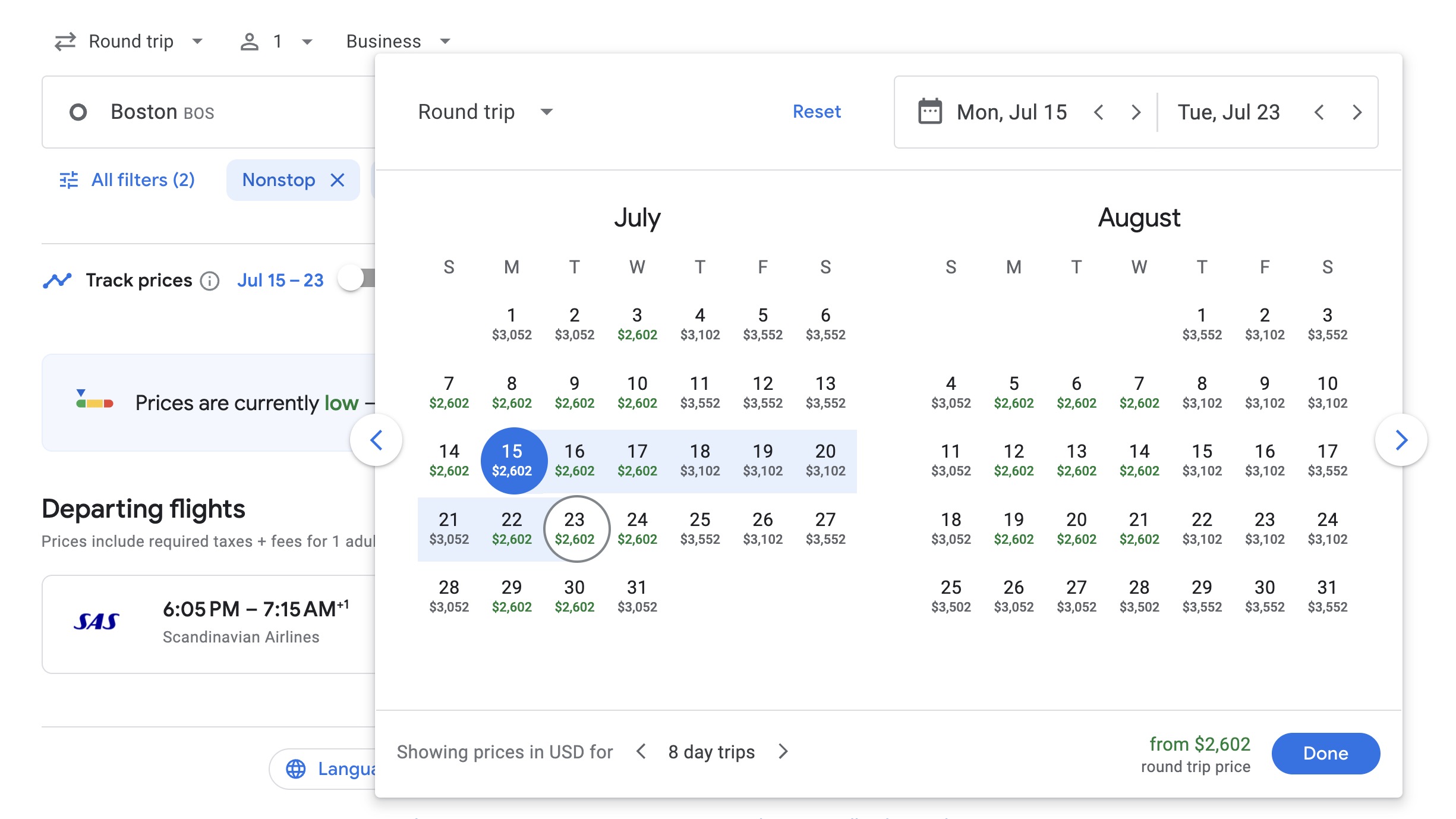 BOS to CPH summer business class