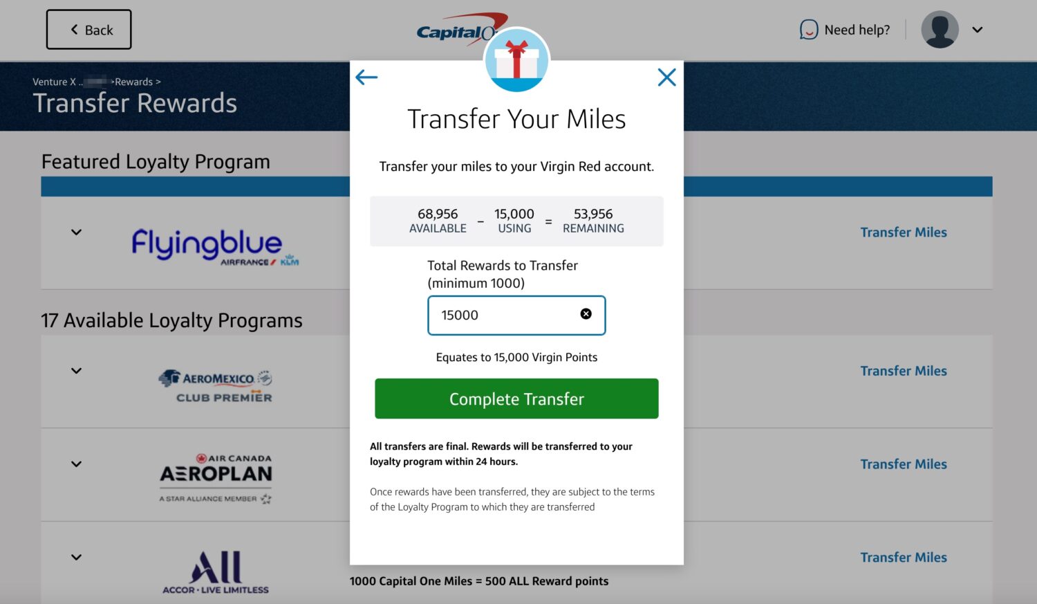 Transferring Capital One Venture Miles to Virgin Atlantic 