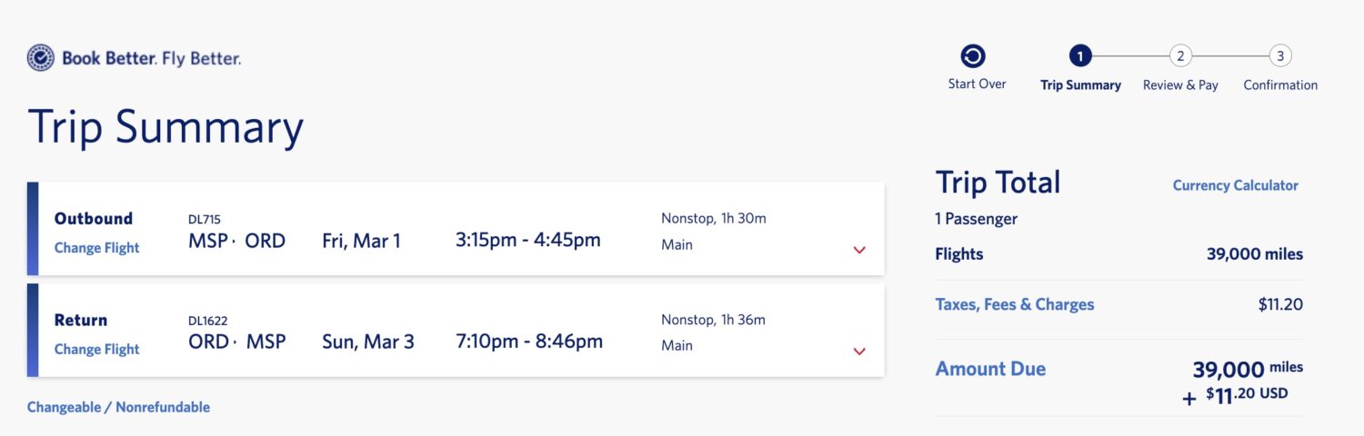 Delta SkyMiles flight from Minneapolis (MSP) to Chicago (ORD)